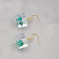 Clear Resin Cube Drop Earrings Green Dried Flower Gold view 2