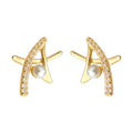 Gold-Tone Abstract Star Pearl Zirconia Stud Earrings view 5