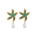 Blue Starfish and White Pearl Drop Earrings with Metal Settings view 5