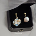 Asymmetric Blue Enamel Flower Baroque Pearl Drop Earrings view 1