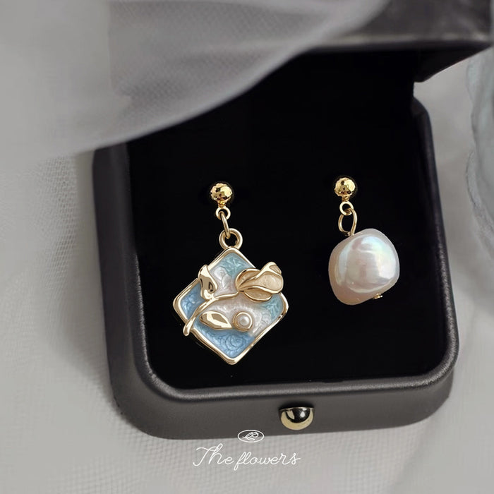Asymmetric Blue Enamel Flower Baroque Pearl Drop Earrings