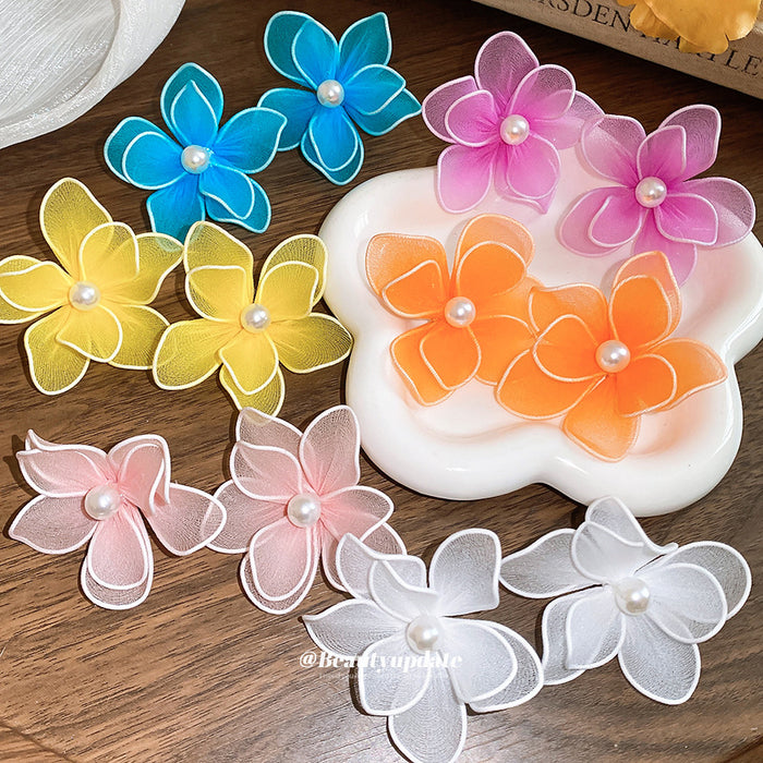 Sheer Petal Flower Stud Earrings with Pearl Centers