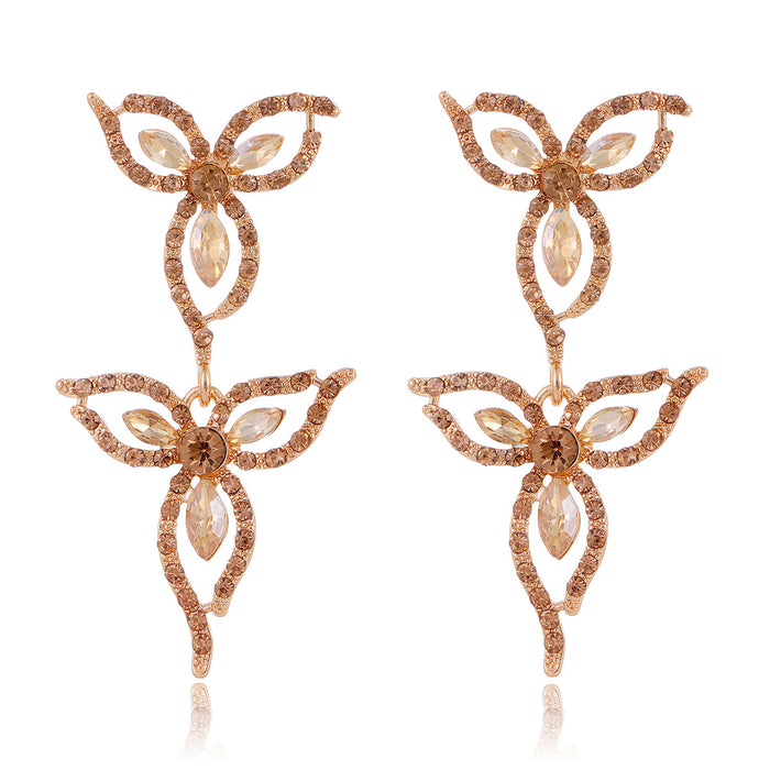 Gold Tone Flower Openwork Crystal Four Designs Metal Necklace and Earring Set