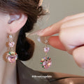 Gold Tone Multicolor Crystal Necklace And Pink Round Flower Earrings view 2