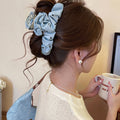 Blue Satin Heart Hair Claw With Black Polka Dots And Ruffles view 4