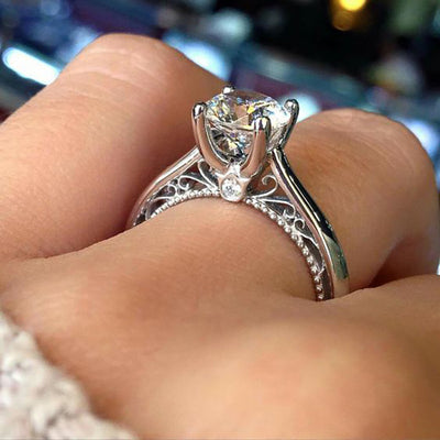 White metal round solitaire filigree ring worn on hand product view