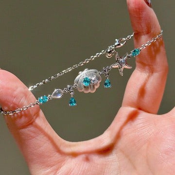 Silver Shell Starfish Teal Crystal Dangle Charm Bracelet