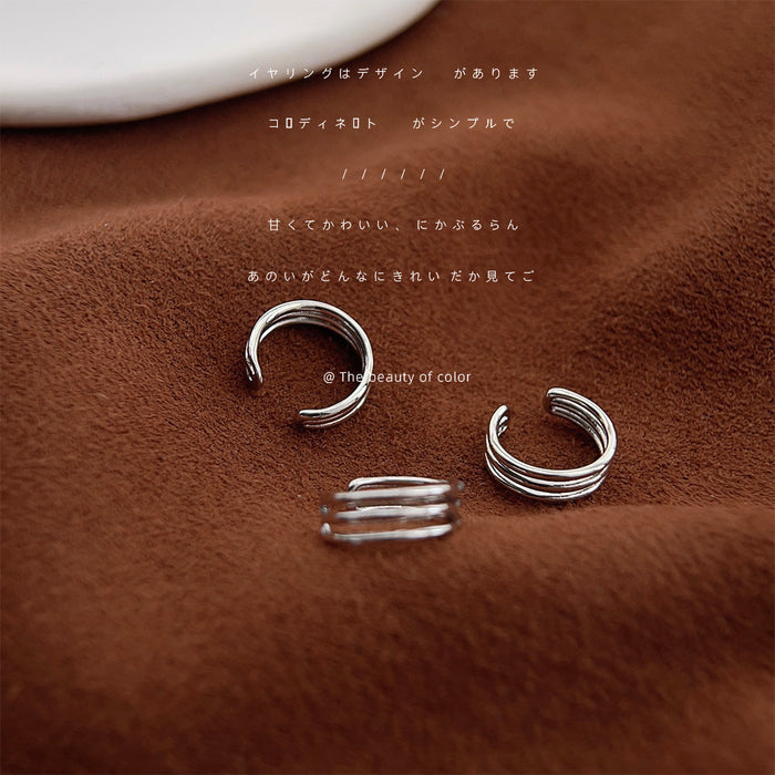 Silver No Pierce Ear Cuffs Solid Band Triple Line Set