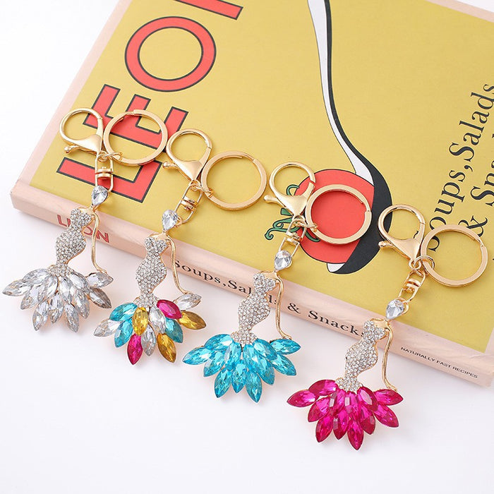 Rhinestone Evening Dress Figure Keychain Gold Clasp 4 Colors