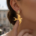 Polished Swallow Drop Earrings With Crystal Leaf Studs view 3