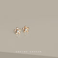 Gold Tone White Six Petal Flower Pearl Center Mini Stud Earrings view 4
