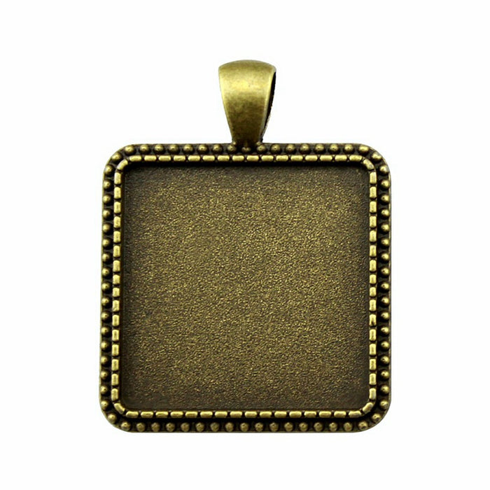 Silver Tone Square Beaded Cabochon Pendant Tray Setting