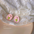 Pink Scalloped Oval Tulip Relief Stud Earrings Pair view 4