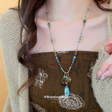 Blue Beaded Pendant Necklace and Matching Drop Earrings