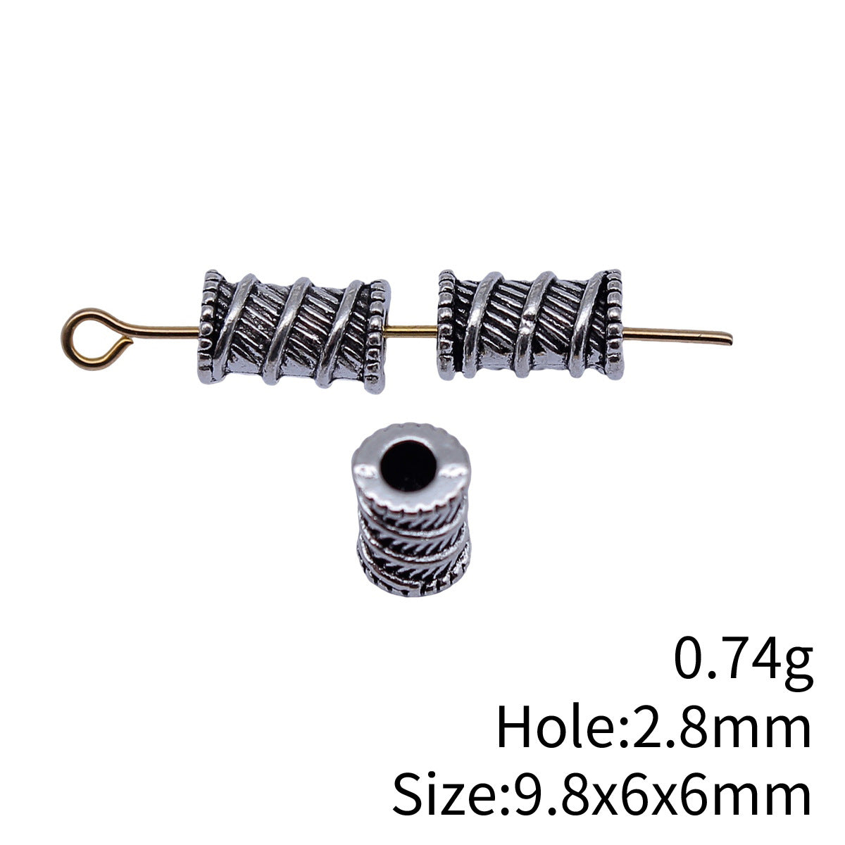 9.8x6x6mm 0.74g Antique Silver Zinc Alloy Ribbed Tube Small Hole Spacer Beads for DIY Bracelet Making