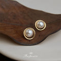 Gold Tone Open Circle White Pearl Stud Earrings Metal Frame view 3