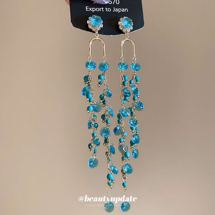 Blue And Green Beaded Tassel Drop Earrings Jewelry