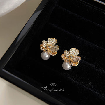 Gold Three Petal Crystal Flower Stud Earrings Pearl Base
