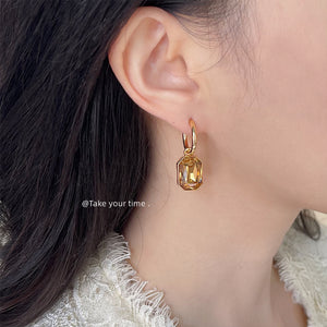 Gold Tone Amber Rectangle Stone Huggie Drop Earrings For Women