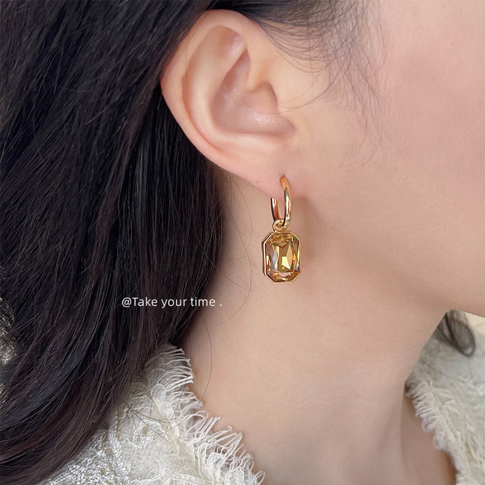 Gold Tone Amber Rectangle Stone Huggie Drop Earrings For Women