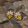 Yellow Square Gem Clear Petal Cluster Stud Earrings Gold view 3