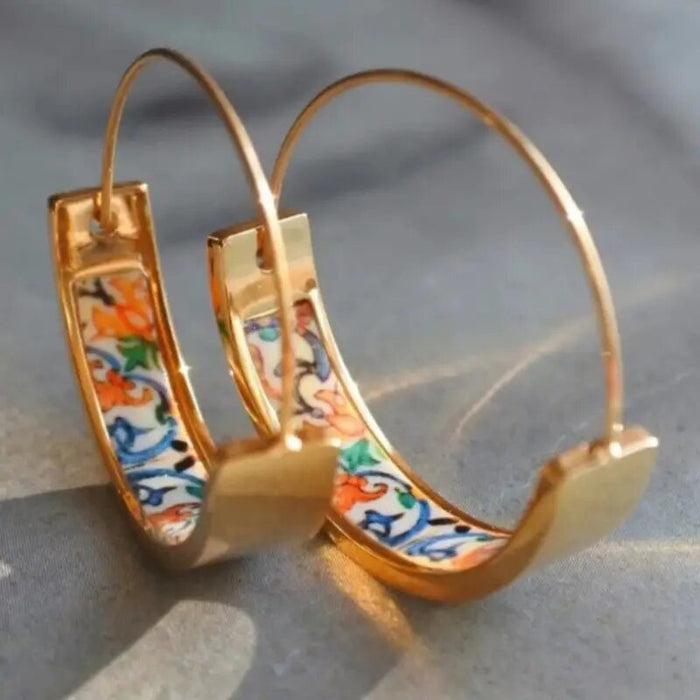 Gold Tone Multicolor Enamel Hoop Earrings with Cutout Pattern