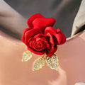 Red Fabric Rose Gold Leaf Crystal Look Floral Brooch view 2