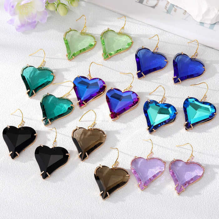 Gold Tone Oversized Faceted Crystal Heart Hook Earrings