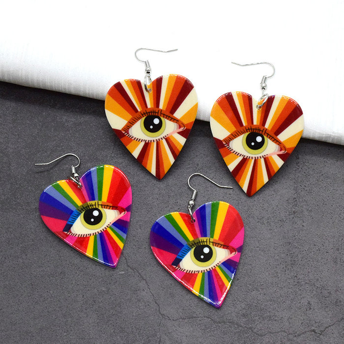 Rainbow Heart Evil Eye Acrylic Drop Earrings 2 Styles
