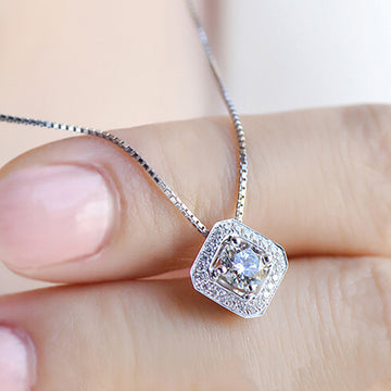 Silver Diamond-Shape Halo Clear CZ Pendant Necklace