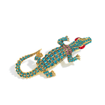 Aqua Green Crocodile Brooch with Gold Tone and Sparkling Details