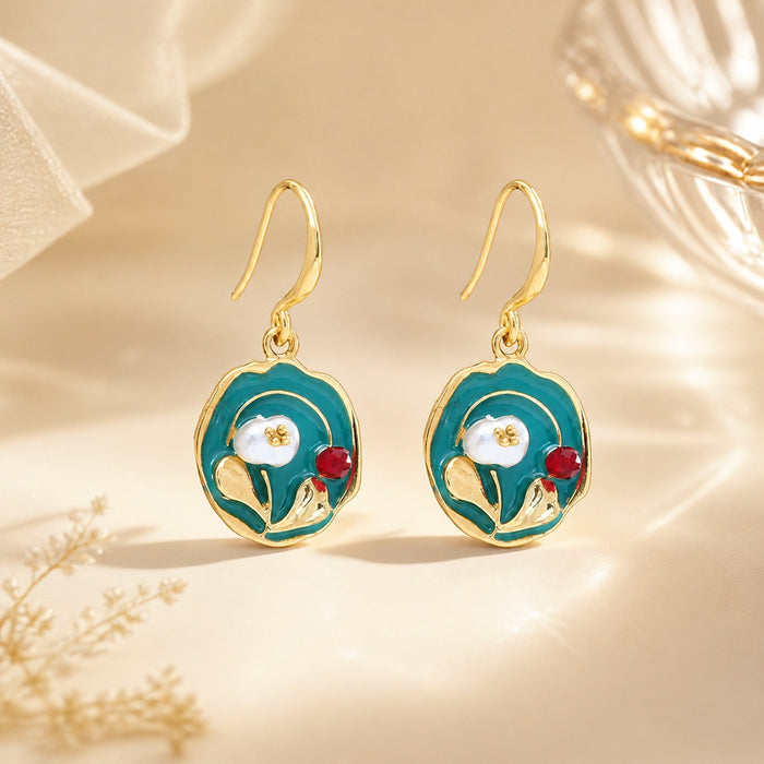 Teal Oval White Flower Red Accent Gold Tone Hook Earrings