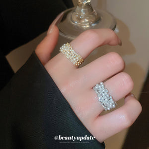 Faux Pearl Cluster Open Ring, Wide Band in Silver or Gold Tone