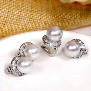 Round Pearl Crescent Crystal Lever Back Earrings Pink White