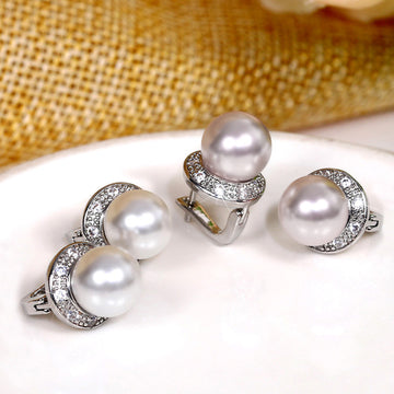 Round Pearl Crescent Crystal Lever Back Earrings Pink White