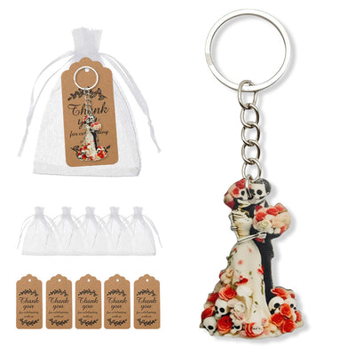 Skeleton wedding couple keychain with organza bag and kraft tags