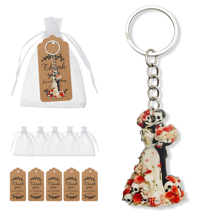 Skeleton Wedding Couple Wood Keychain Red Rose Charm