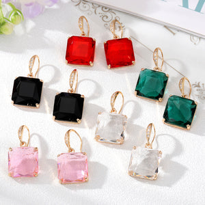 Square Faceted Crystal Drop Earrings on Gold-Tone Pave Hooks, 4 cm
