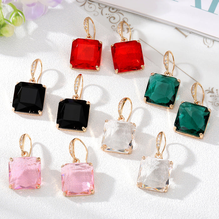 Gold Tone Square Faceted Crystal Hook Earrings in Five Colors