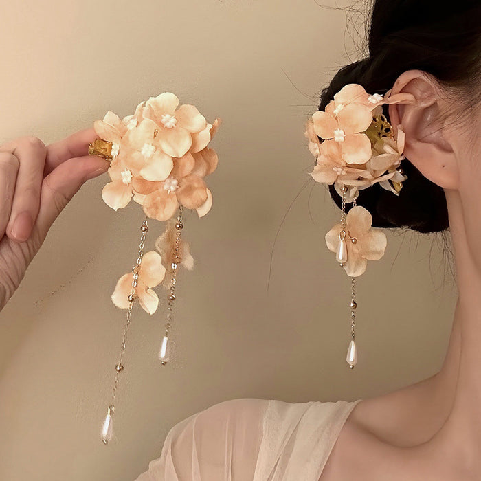 Fabric Flower Pearl Tassel Duckbill Hair Clips Orange Green Pink
