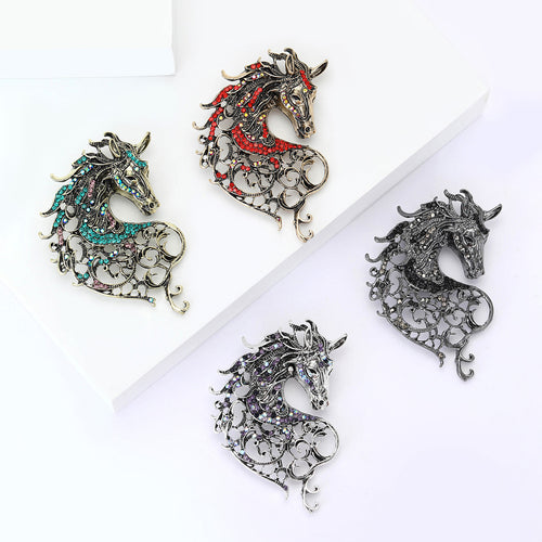 Filigree Horse Brooch With Colored Crystal Accents angled front view