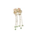 Gold Tone Floral Hair Claws With Green Chain Fringe Or Pearl Like Drops view 5