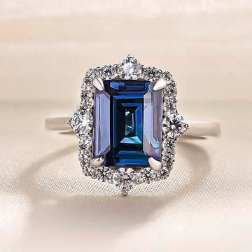 Deep Blue Rectangular Solitaire Floral Halo Ring Silver Tone