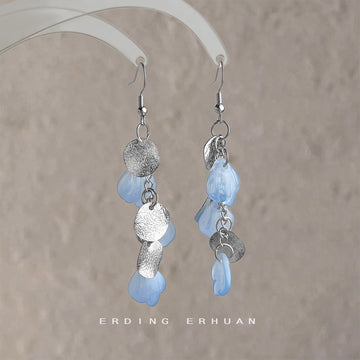 Silver Tone Pale Blue Petal And Textured Leaf Hook Earrings