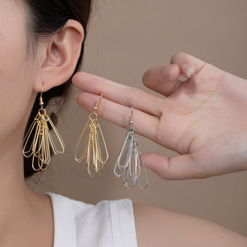 Looped Wire Fan Long Hook Earrings in Gold and Silver
