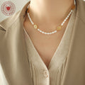 White Freshwater Pearl Necklace With Gold Fu Coin Discs view 3