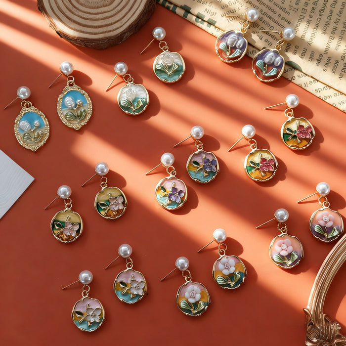 Pearl Stud Enamel Floral Frame Drop Earrings Nine Styles