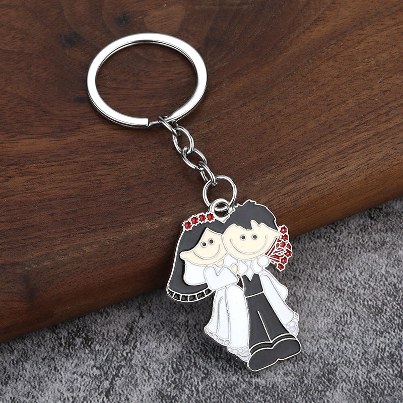 Cartoon Bride and Groom Enamel Metal Couple Keychain Pendant