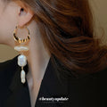 White Irregular Pearl Tassel Huggie Earrings With Decorative Details view 3