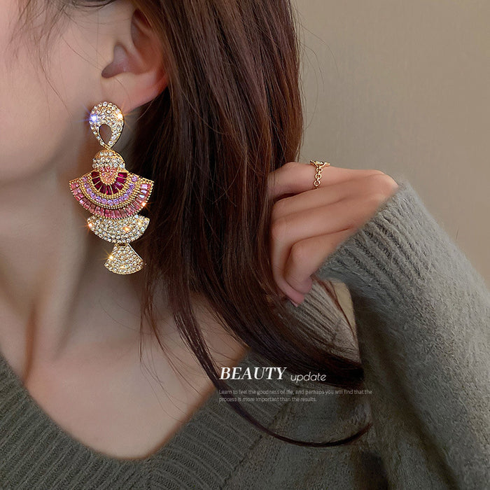 Gold Pink Tiered Fan Crystal Dangle Statement Earrings